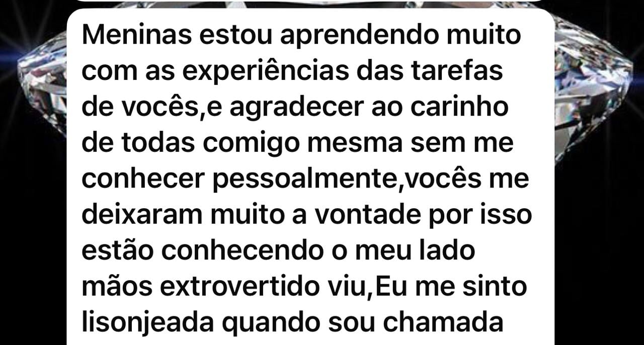 Print de depoimento real no WhatsApp sobre se sentir acolhida pelo grupo