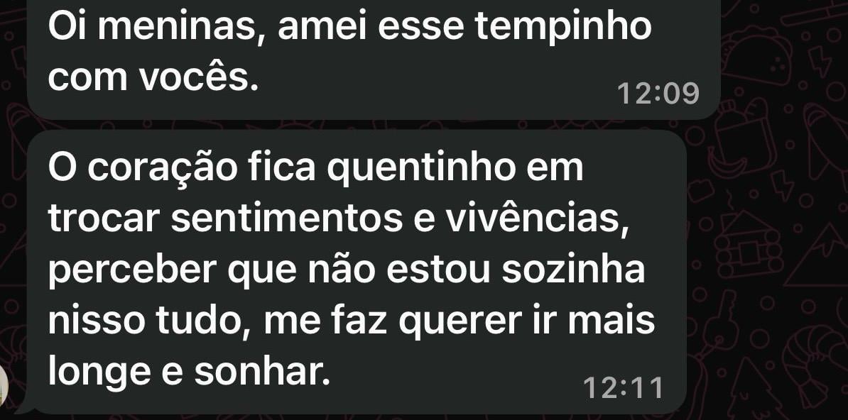 Print de depoimento real no WhatsApp sobre trocar vivências
