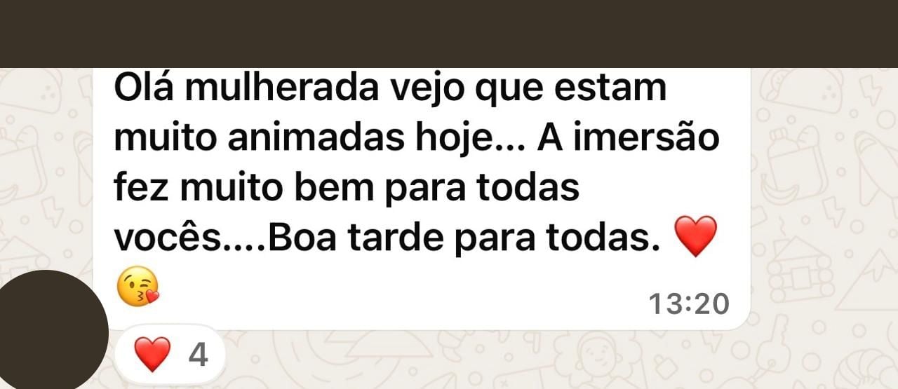 Print de depoimento real no WhatsApp sobre o evento, nome e telefone removidos