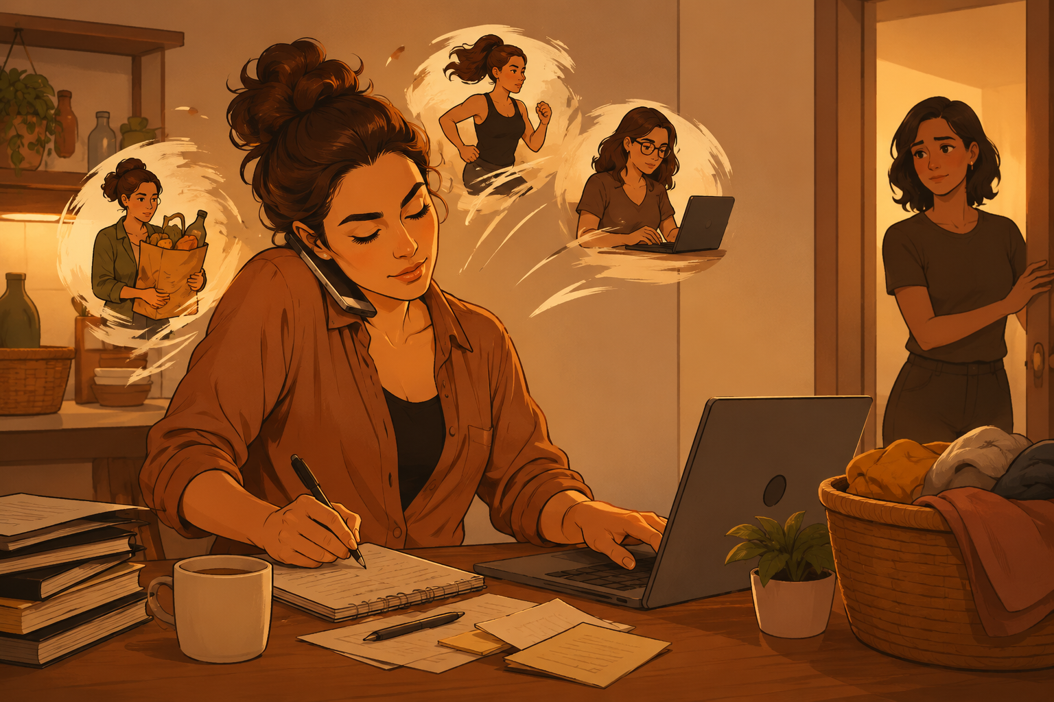 Ilustração de mulher sustentando várias tarefas ao mesmo tempo