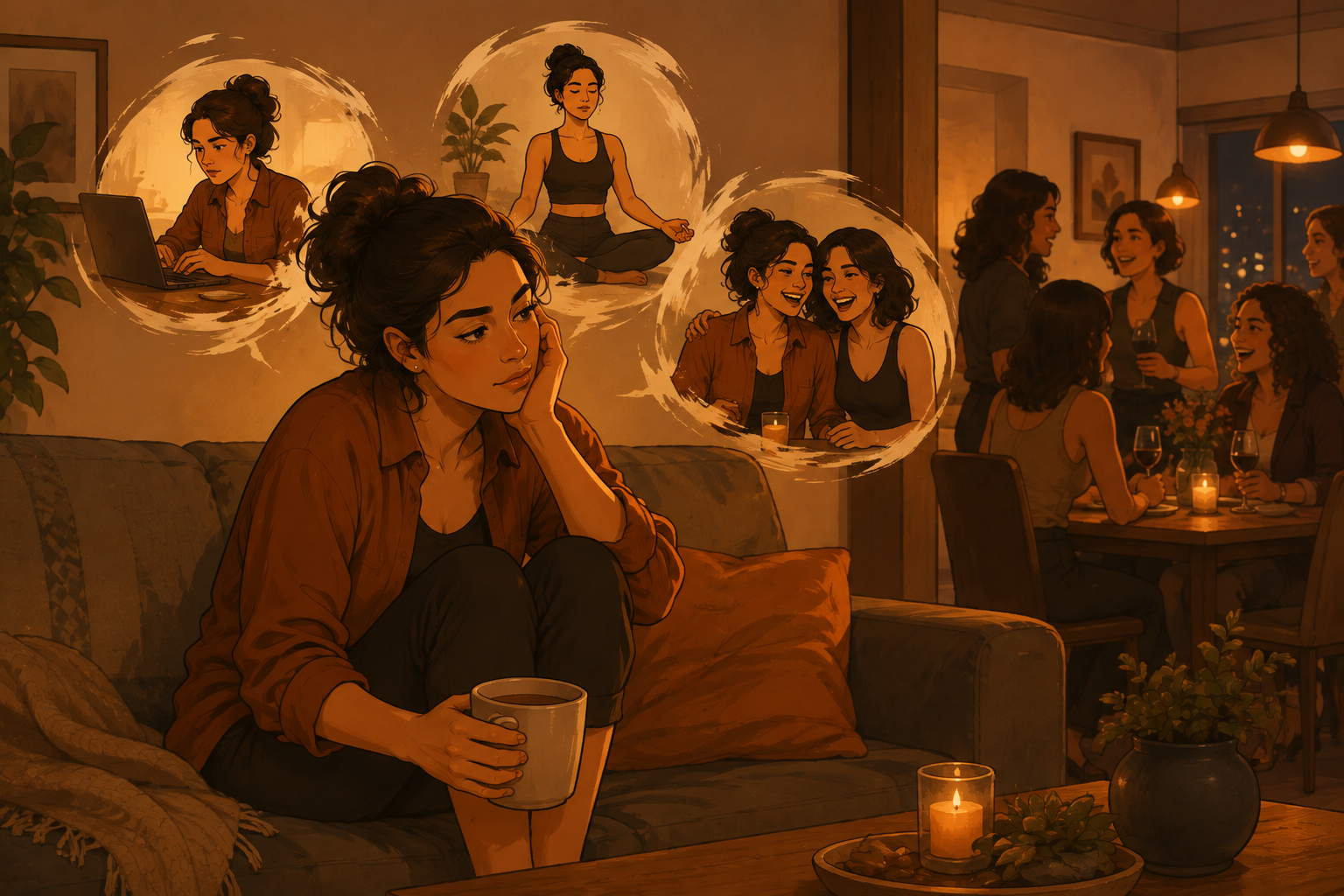 Ilustração de mulher sozinha no sofá enquanto imagina outras versões de si mesma