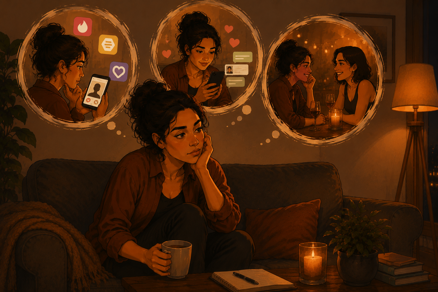 Ilustração de mulher imaginando aplicativos de namoro e um encontro