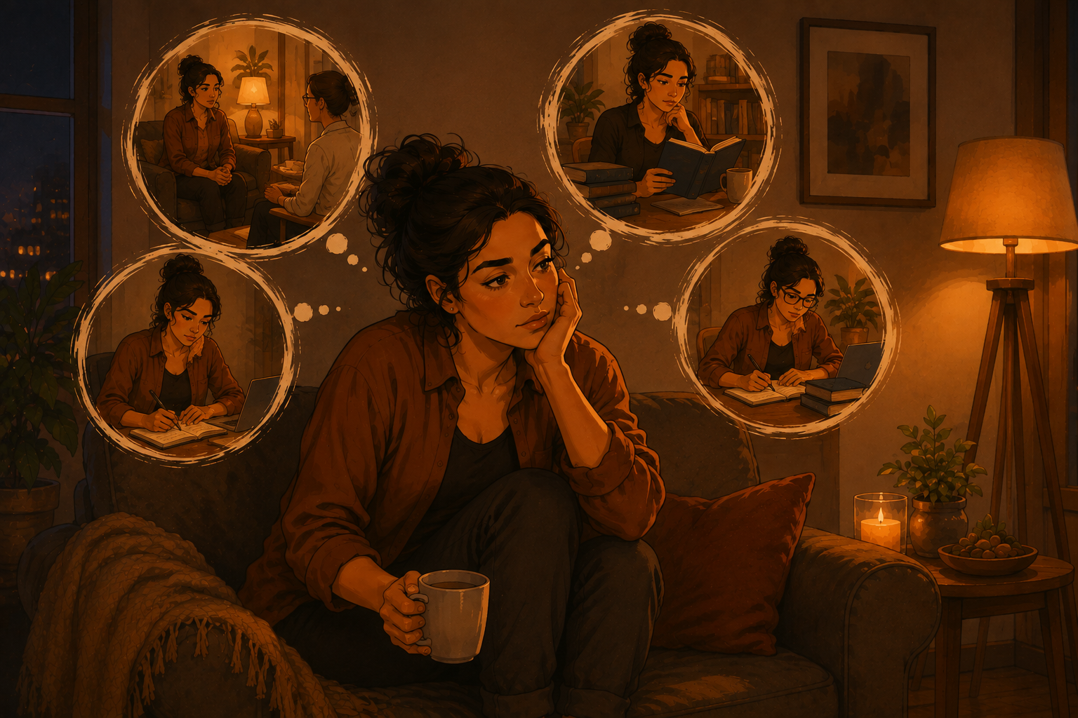 Ilustração de mulher lendo, escrevendo e refletindo sozinha