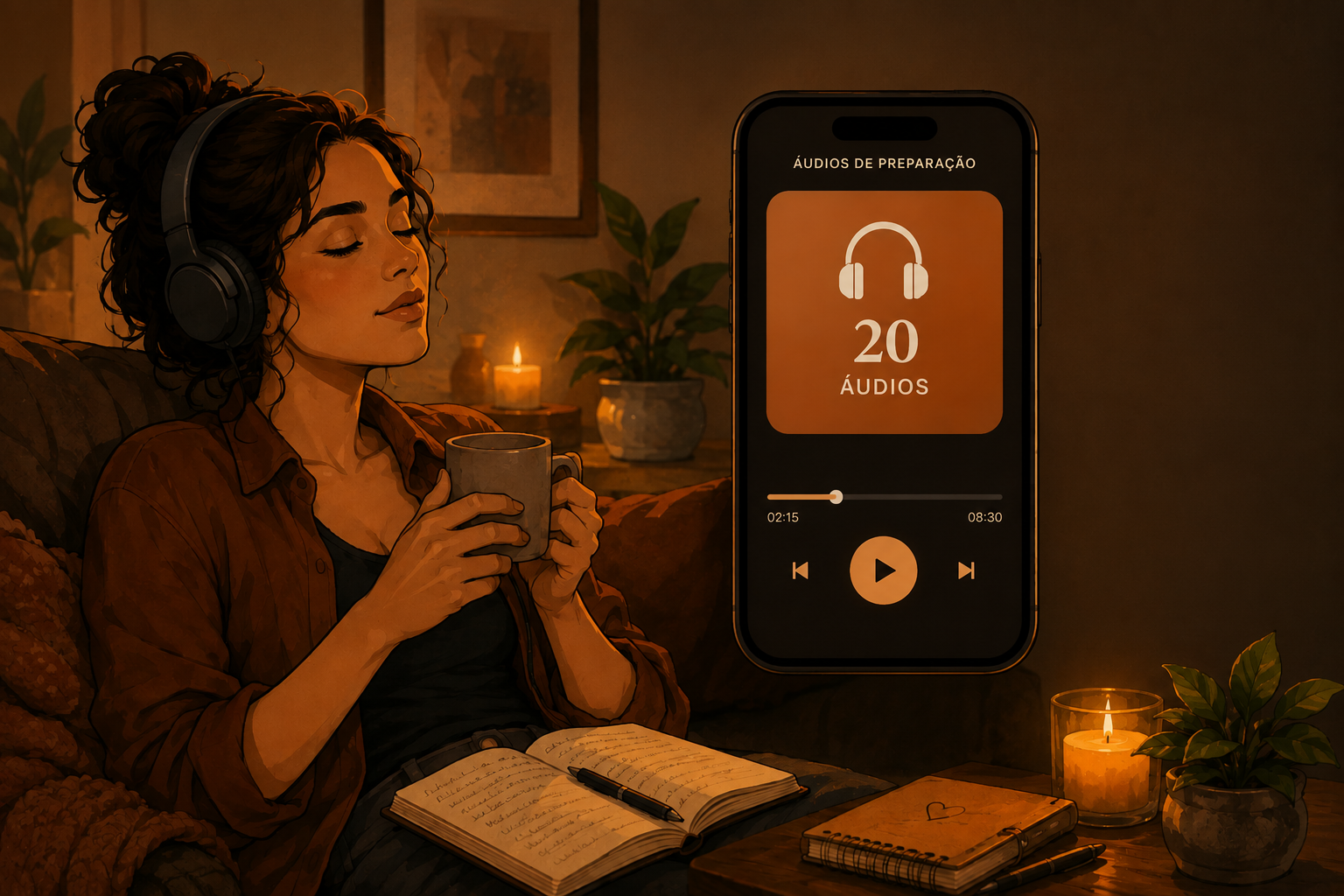 Mulher ouvindo os áudios de preparação do Novo Match